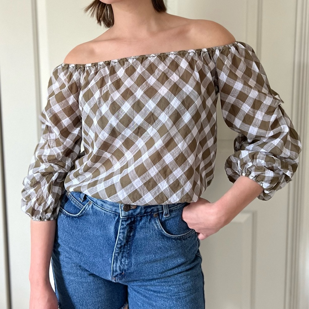 Max Studio Off-Shoulder Olive Green Gingham Puff Sleeve Blouse